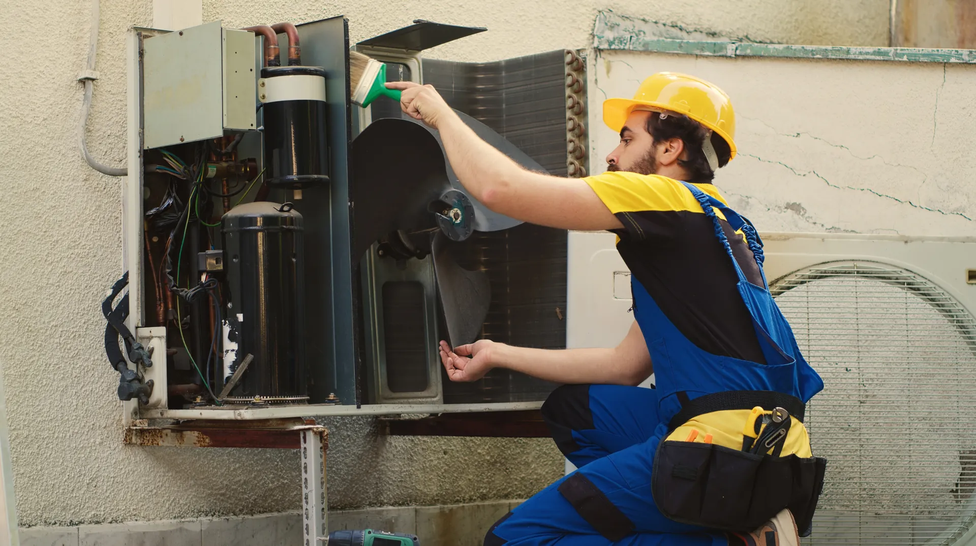HVAC technicians are servicing an outdoor air-conditioning unit as home service professionals in the US.