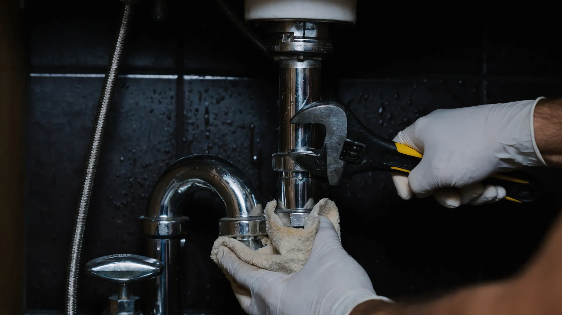 Plumbers are tightening a sink drainpipe with a wrench as home service professionals in the US.